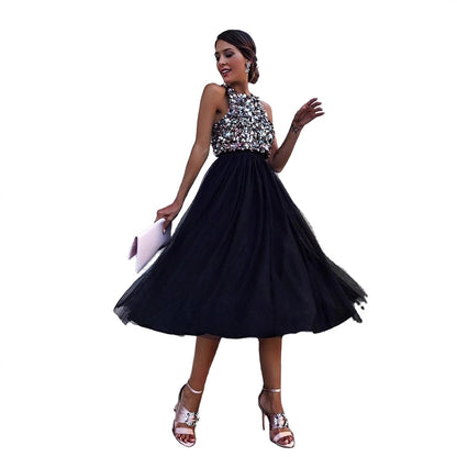 Sleeveless Beaded Top A-Line Tulle Midi Dress