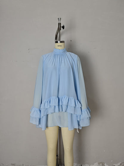 Flowy Chiffon Mini Dress with Mock Neck and Ruffles