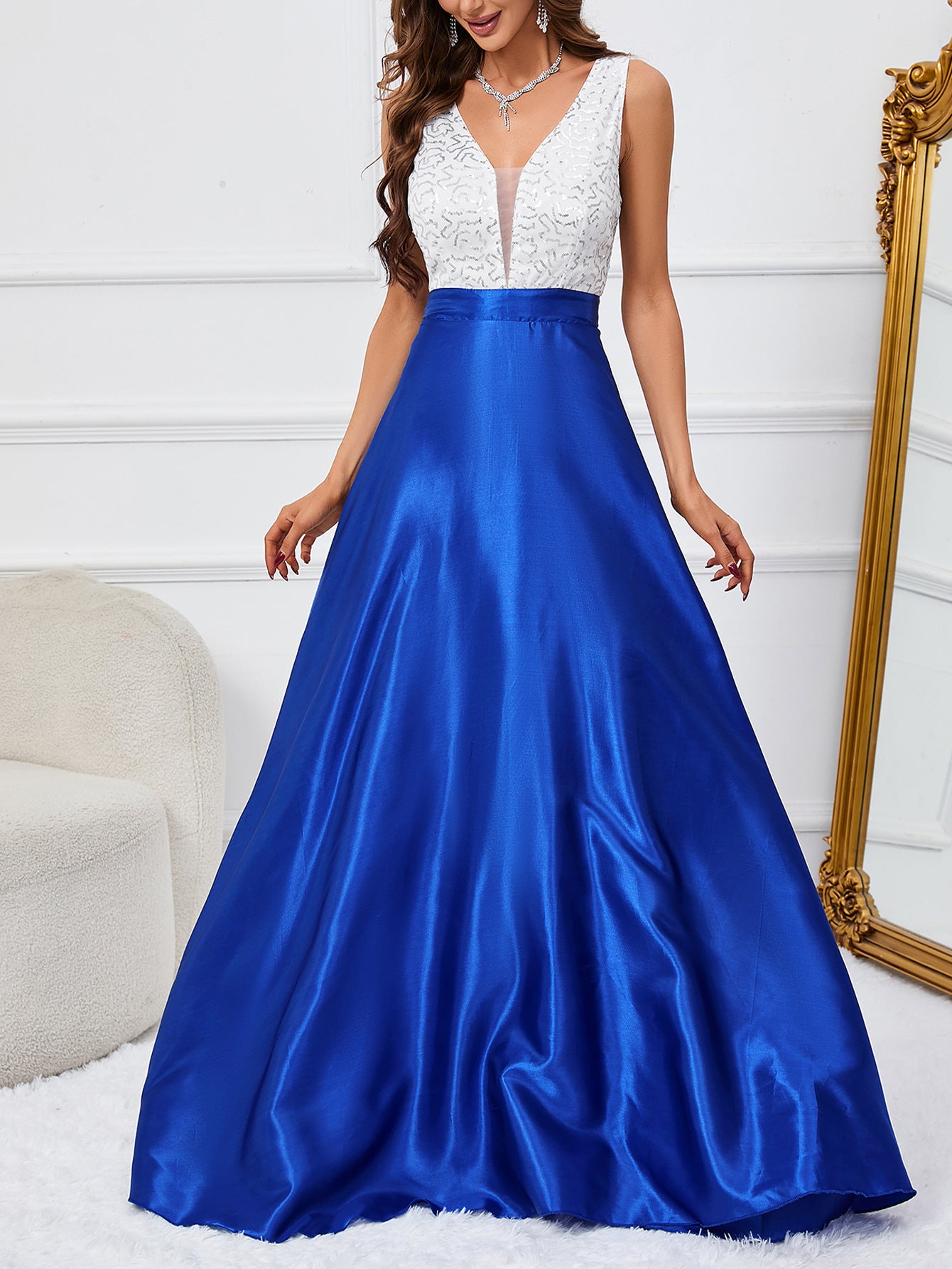 Sleeveless A-Line Gown with Sequin V-Neck Bodice