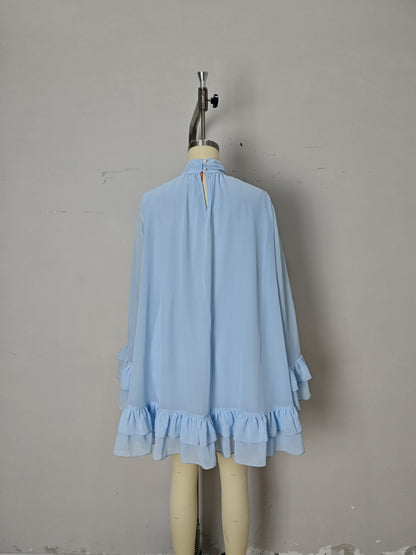 Flowy Chiffon Mini Dress with Mock Neck and Ruffles