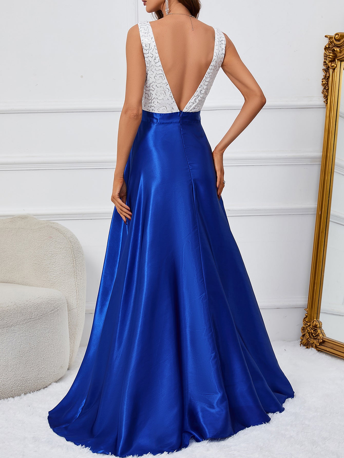 Sleeveless A-Line Gown with Sequin V-Neck Bodice