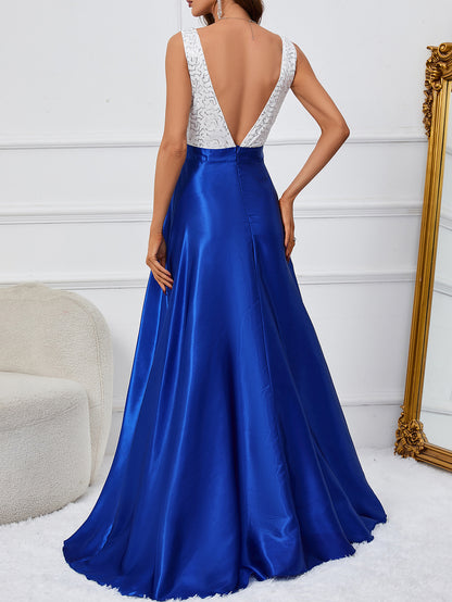 Sleeveless A-Line Gown with Sequin V-Neck Bodice