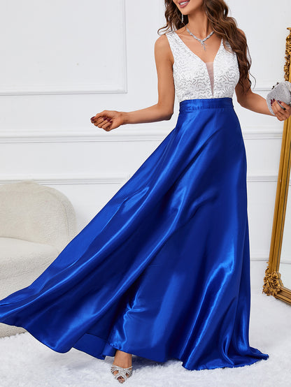 Sleeveless A-Line Gown with Sequin V-Neck Bodice