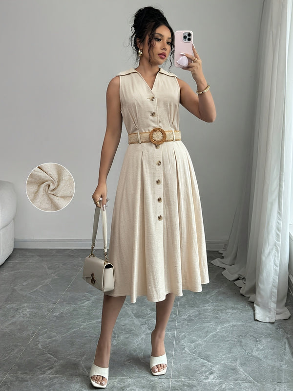 A-Line Midi Dress with Buttoned Front and Belted Waist