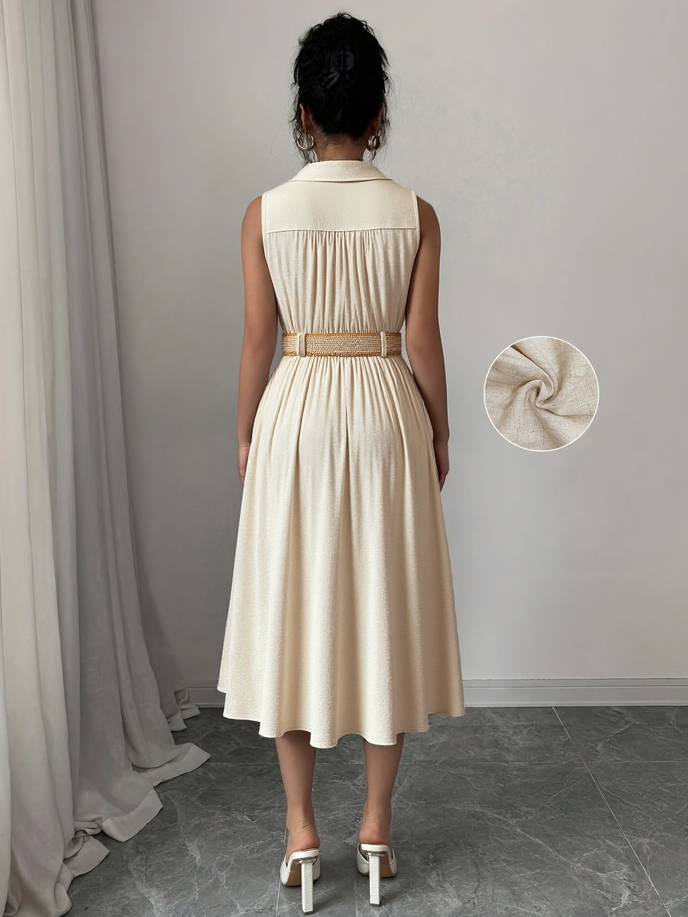 A-Line Midi Dress with Buttoned Front and Belted Waist