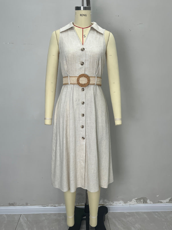 A-Line Midi Dress with Buttoned Front and Belted Waist