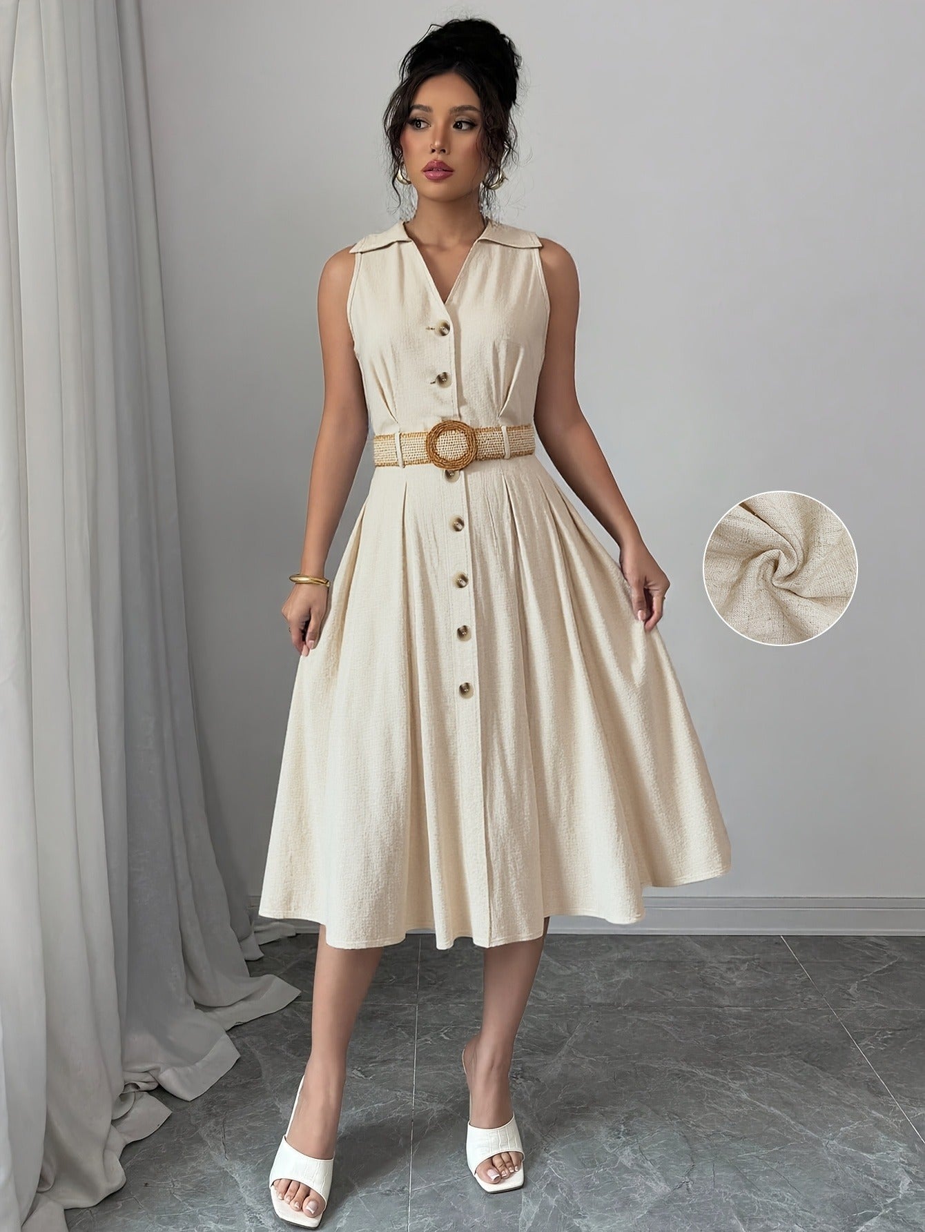 A-Line Midi Dress with Buttoned Front and Belted Waist