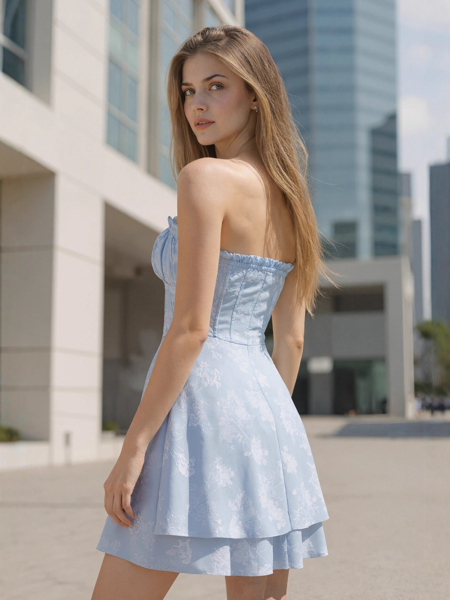 Floral Satin Mini Dress with Pleated Strapless Neckline