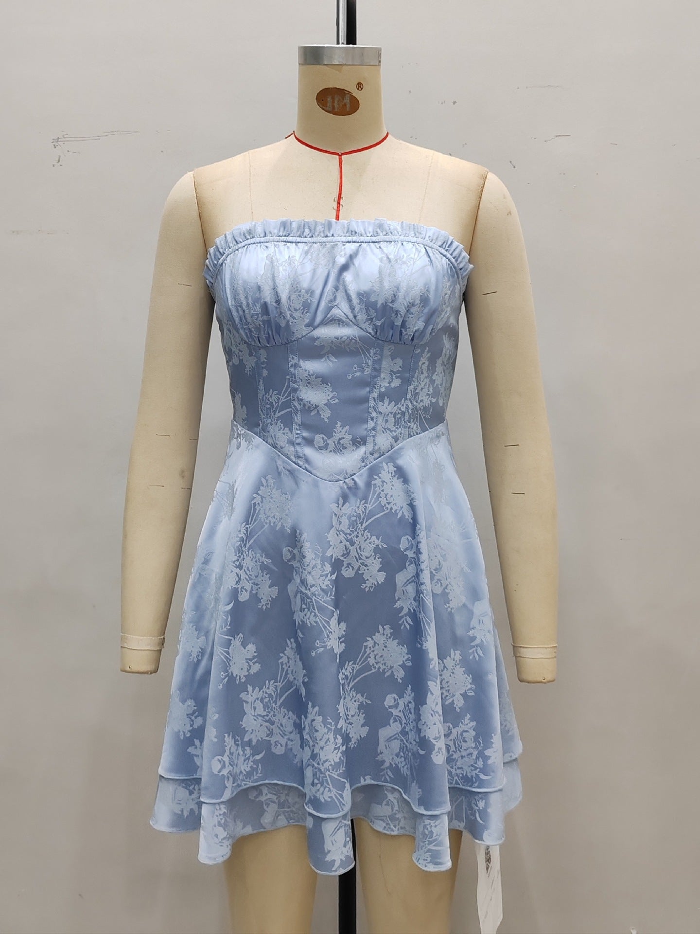 Floral Satin Mini Dress with Pleated Strapless Neckline