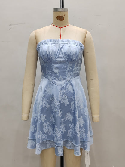Floral Satin Mini Dress with Pleated Strapless Neckline