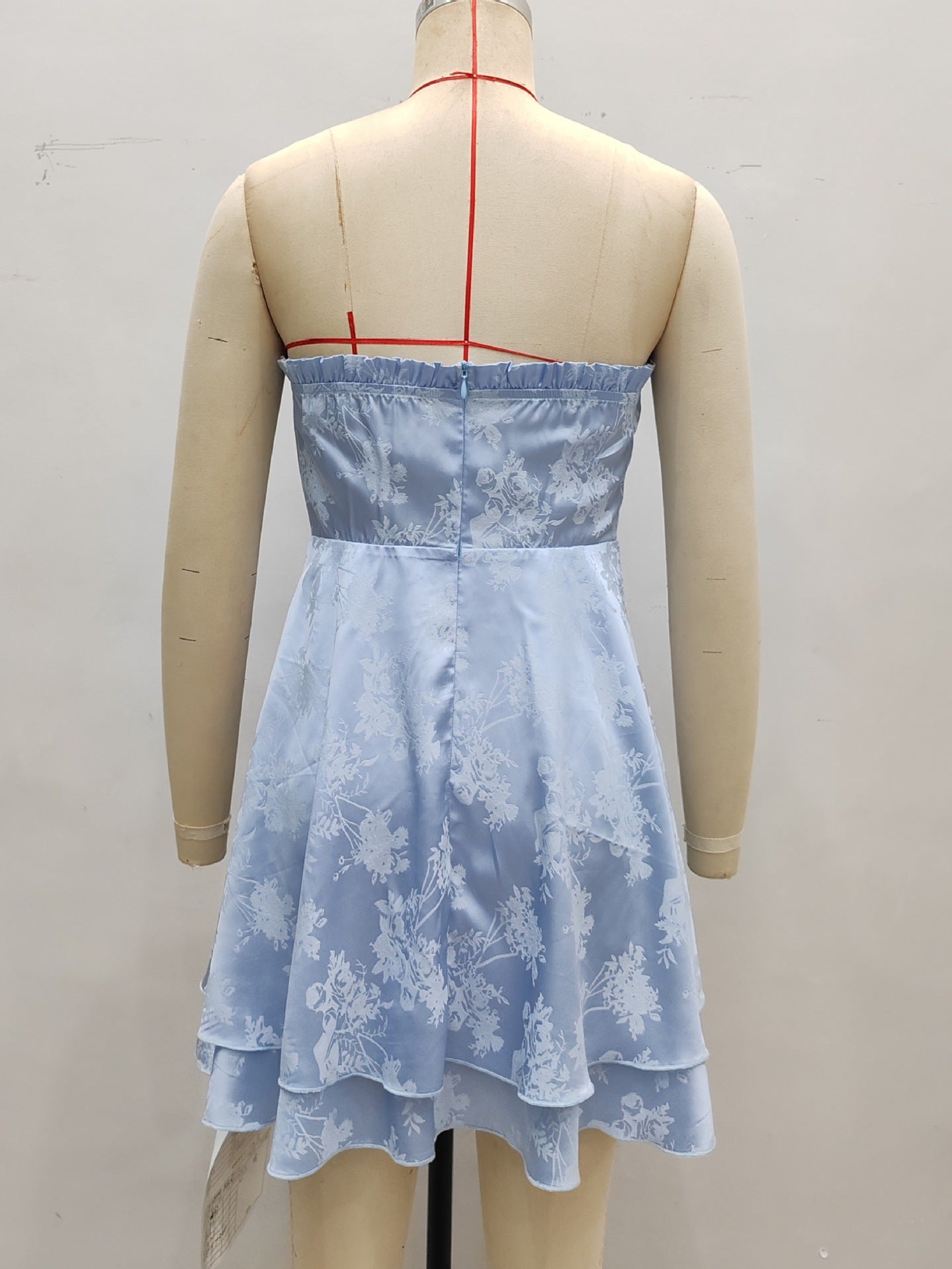 Floral Satin Mini Dress with Pleated Strapless Neckline