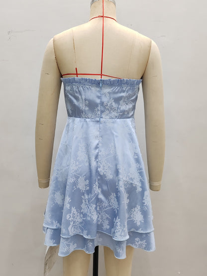 Floral Satin Mini Dress with Pleated Strapless Neckline
