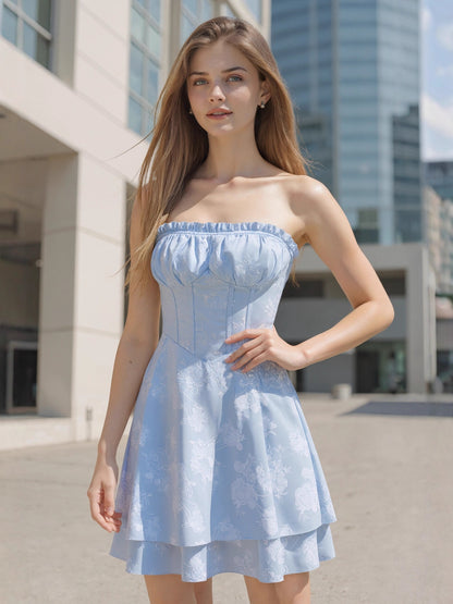 Floral Satin Mini Dress with Pleated Strapless Neckline