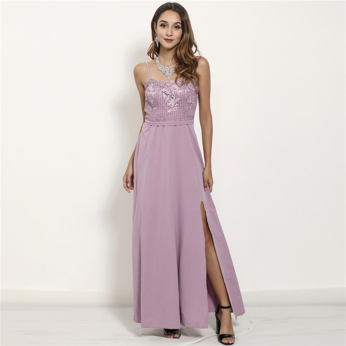 Sling Maxi Dress with Lace Bodice and Side Slit