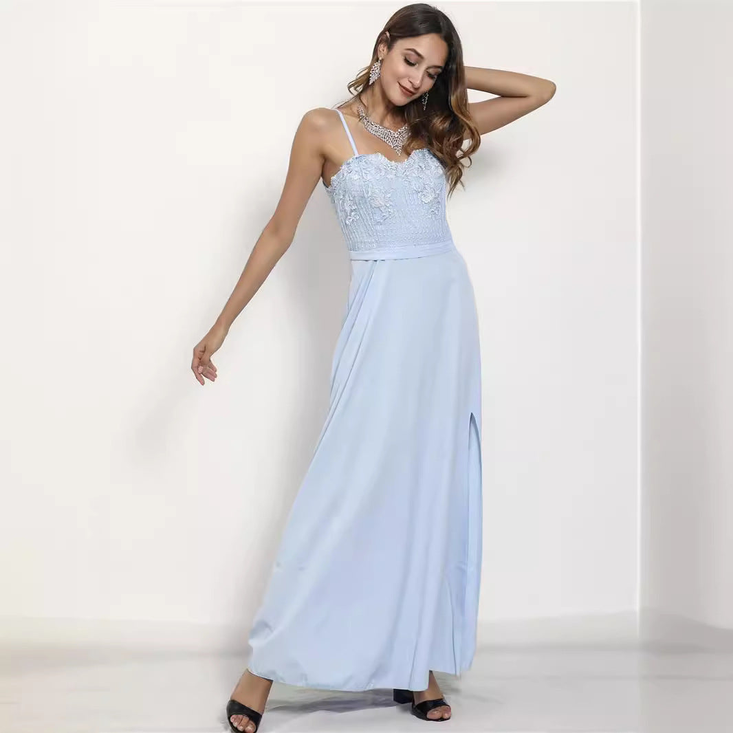 Sling Maxi Dress with Lace Bodice and Side Slit