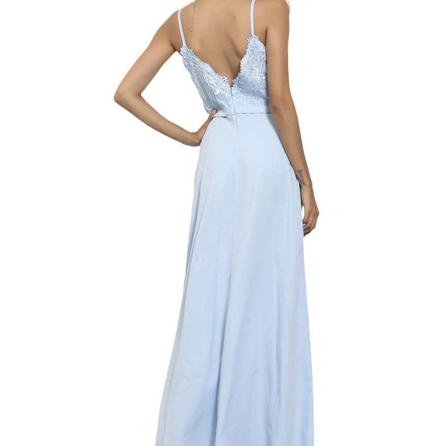 Sling Maxi Dress with Lace Bodice and Side Slit