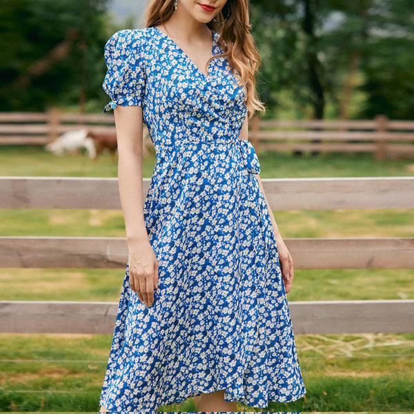 Floral Print Wrap Midi Dress with Deep V-Neck and Puff Sleeves