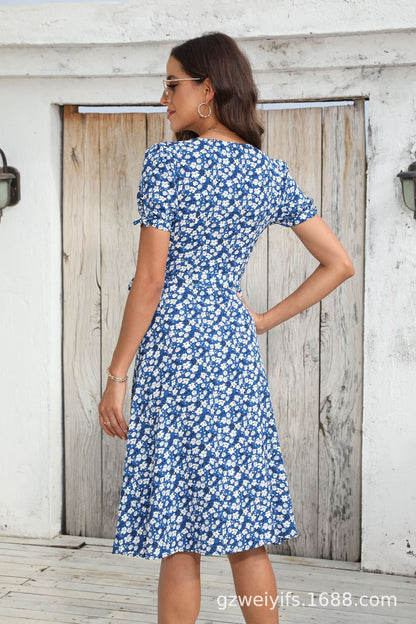 Floral Print Wrap Midi Dress with Deep V-Neck and Puff Sleeves