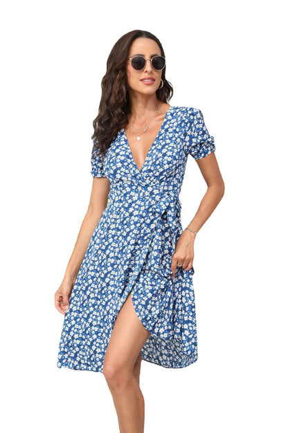 Floral Print Wrap Midi Dress with Deep V-Neck and Puff Sleeves