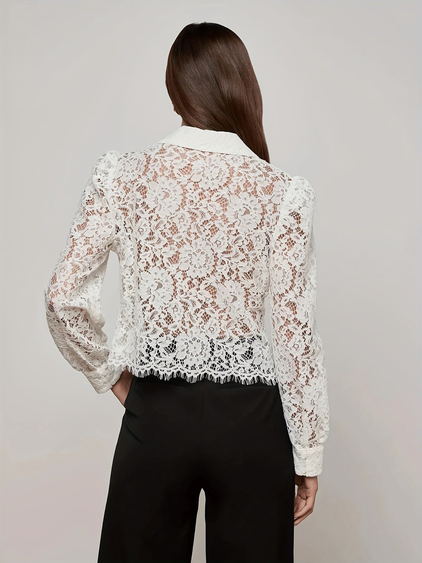 Sheer Lace Long-Sleeve Blouse with Shirt Collar and Fringe Hem
