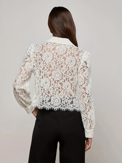 Sheer Lace Long-Sleeve Blouse with Shirt Collar and Fringe Hem