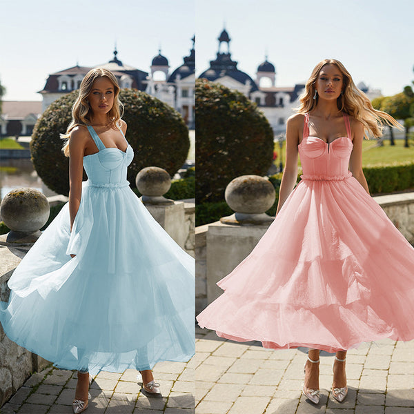 Strappy Midi Dress with Bustier Bodice and Tiered Tulle Skirt