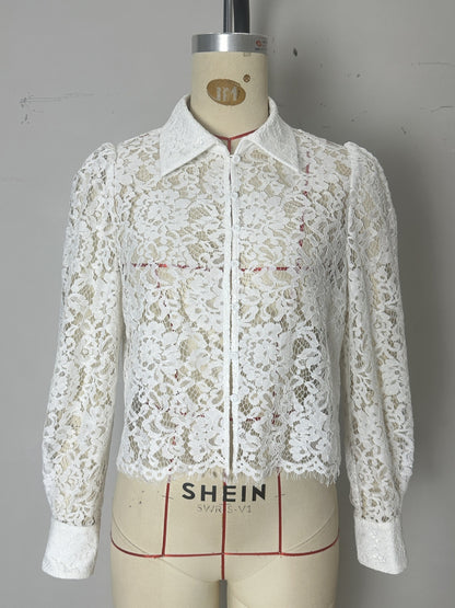 Sheer Lace Long-Sleeve Blouse with Shirt Collar and Fringe Hem