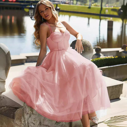 Strappy Midi Dress with Bustier Bodice and Tiered Tulle Skirt