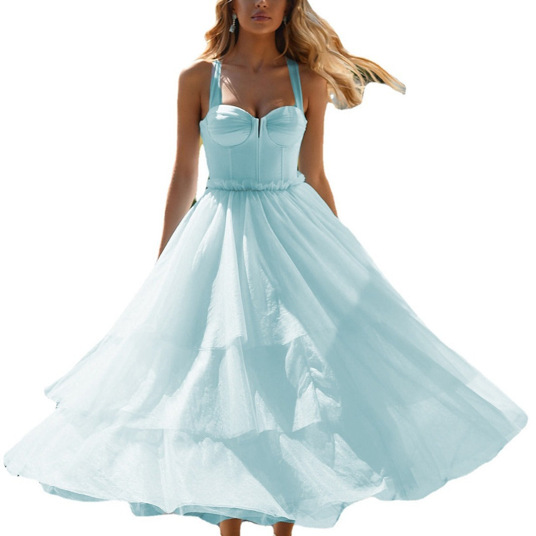Strappy Midi Dress with Bustier Bodice and Tiered Tulle Skirt