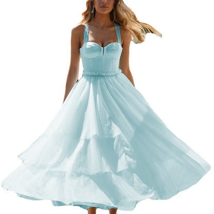 Strappy Midi Dress with Bustier Bodice and Tiered Tulle Skirt