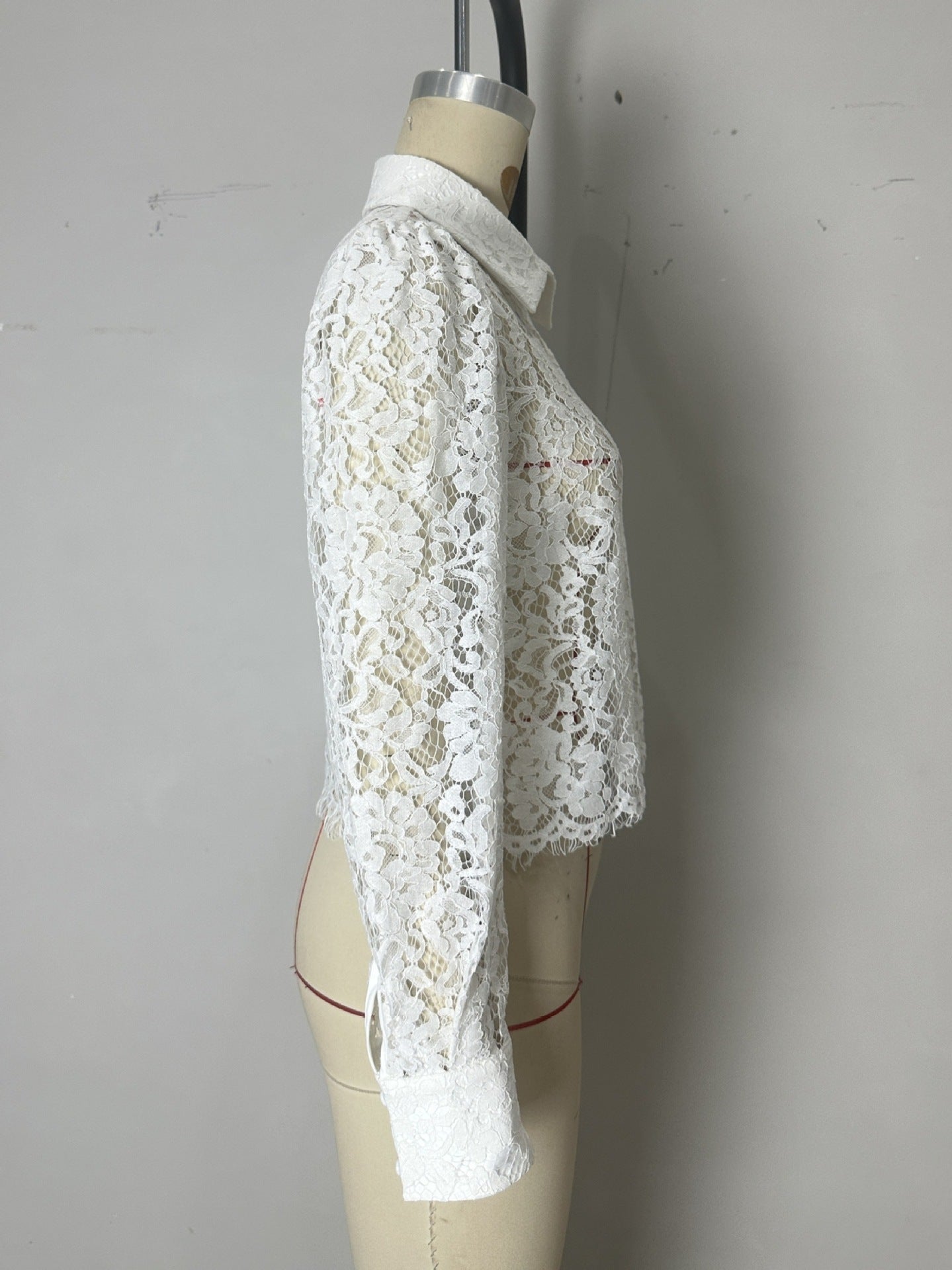 Sheer Lace Long-Sleeve Blouse with Shirt Collar and Fringe Hem