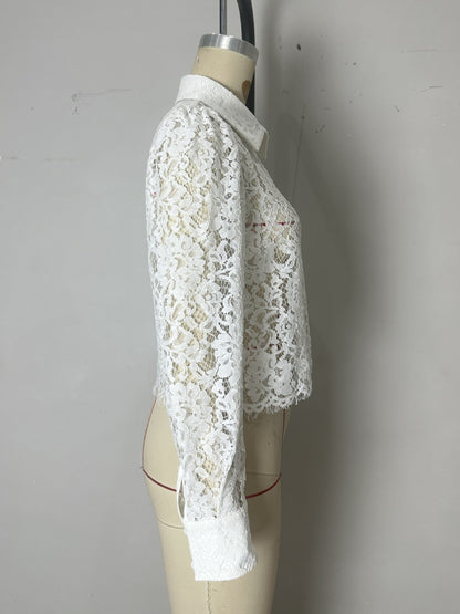 Sheer Lace Long-Sleeve Blouse with Shirt Collar and Fringe Hem