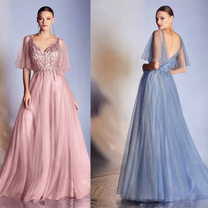 A-Line Maxi Dress with Sequined V-Neck and Flutter Sleeves