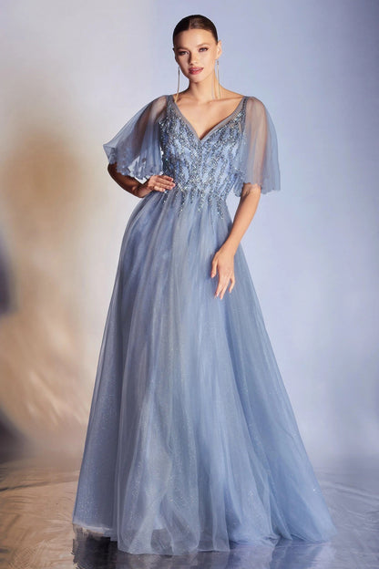 A-Line Maxi Dress with Sequined V-Neck and Flutter Sleeves