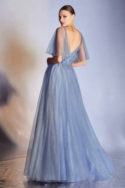 A-Line Maxi Dress with Sequined V-Neck and Flutter Sleeves