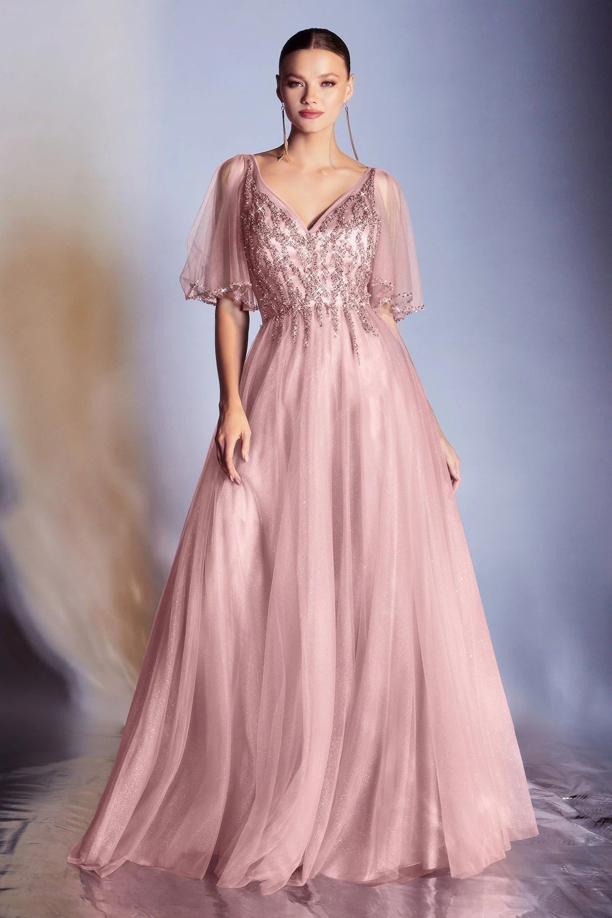 A-Line Maxi Dress with Sequined V-Neck and Flutter Sleeves