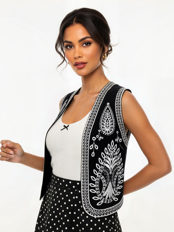 Embroidered V-Neck Vest with Floral Design