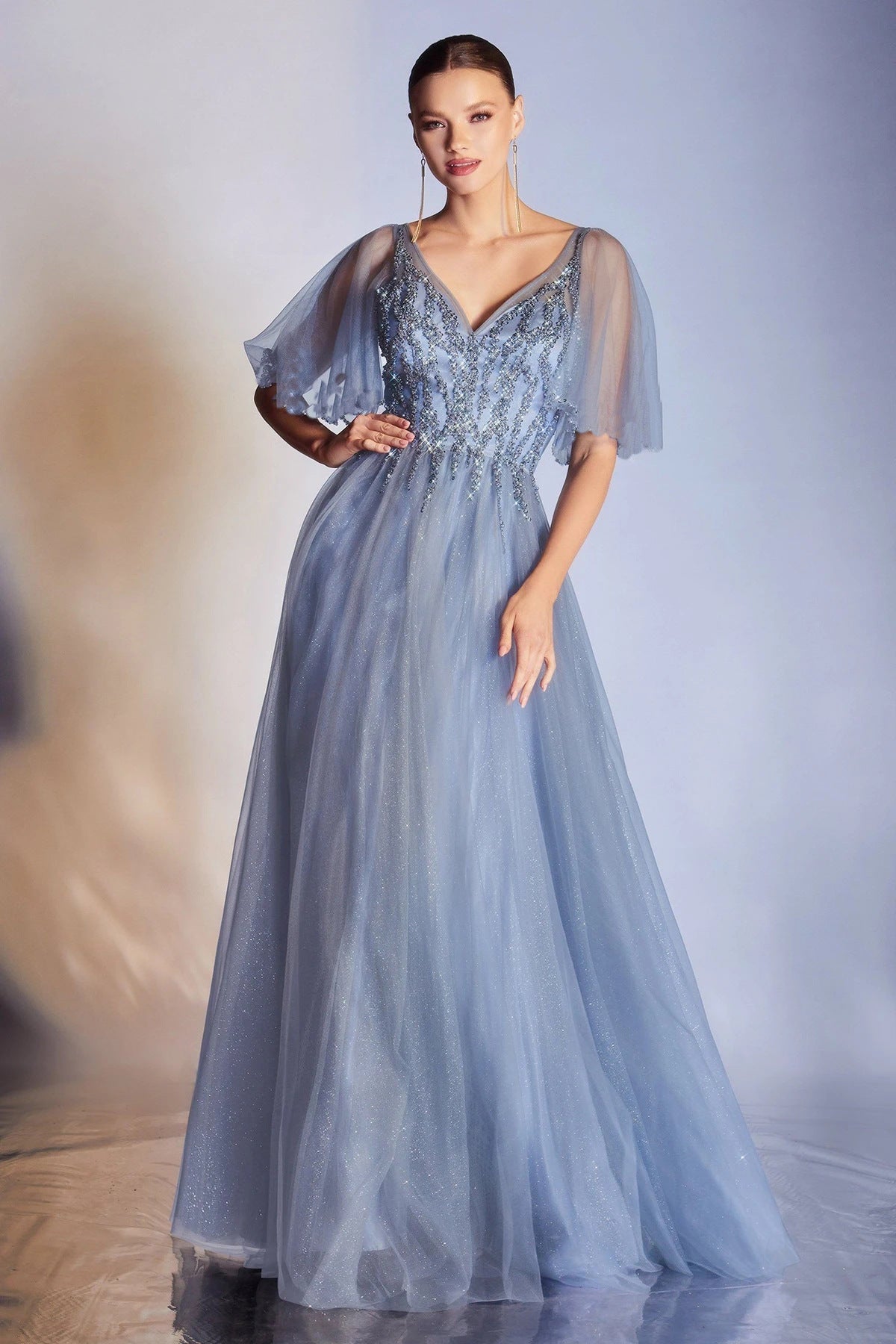 A-Line Maxi Dress with Sequined V-Neck and Flutter Sleeves