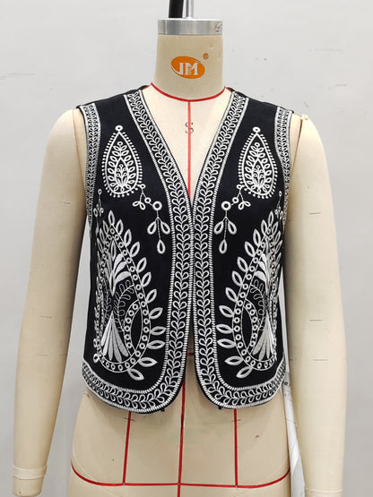 Embroidered V-Neck Vest with Floral Design
