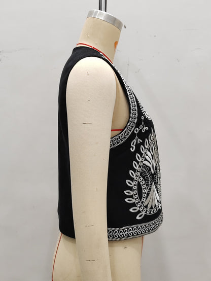 Embroidered V-Neck Vest with Floral Design