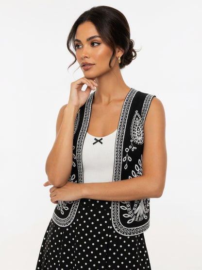 Embroidered V-Neck Vest with Floral Design