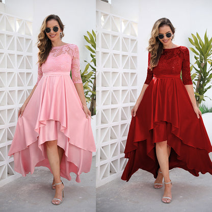 High-Low Dress with Sequin Lace Bodice and 3/4 Sleeves