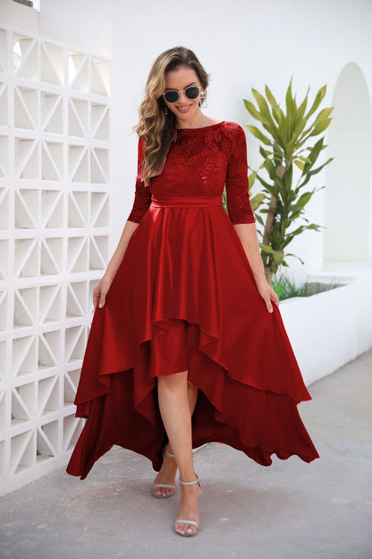 High-Low Dress with Sequin Lace Bodice and 3/4 Sleeves