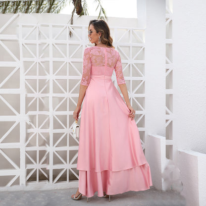 High-Low Dress with Sequin Lace Bodice and 3/4 Sleeves