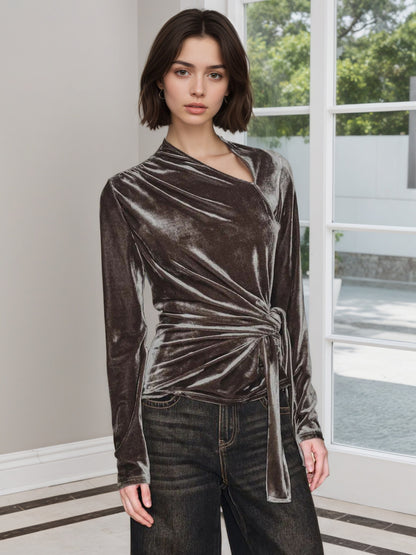 Slim-Fit Velvet Wrap Top with Asymmetrical Neckline