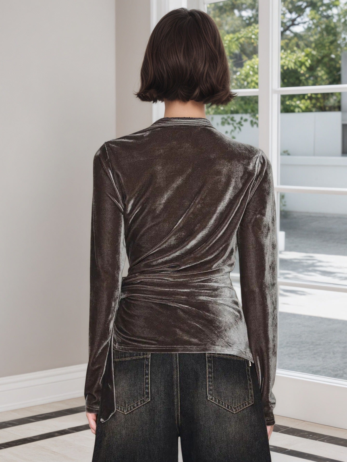 Slim-Fit Velvet Wrap Top with Asymmetrical Neckline
