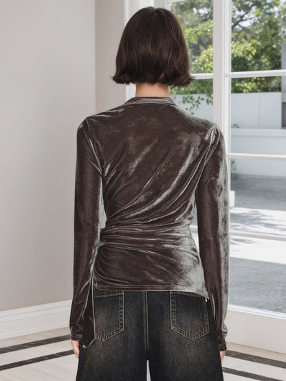 Slim-Fit Velvet Wrap Top with Asymmetrical Neckline