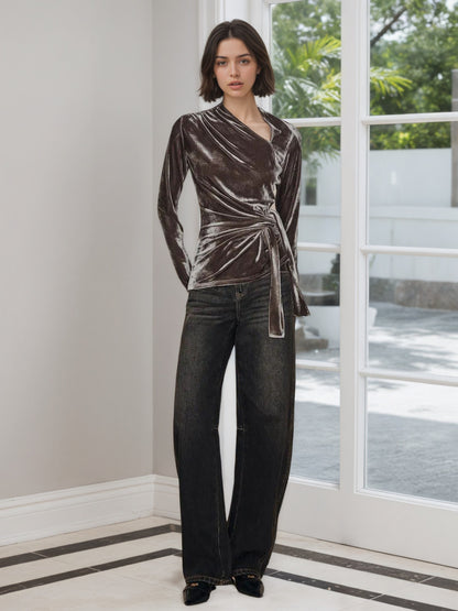 Slim-Fit Velvet Wrap Top with Asymmetrical Neckline