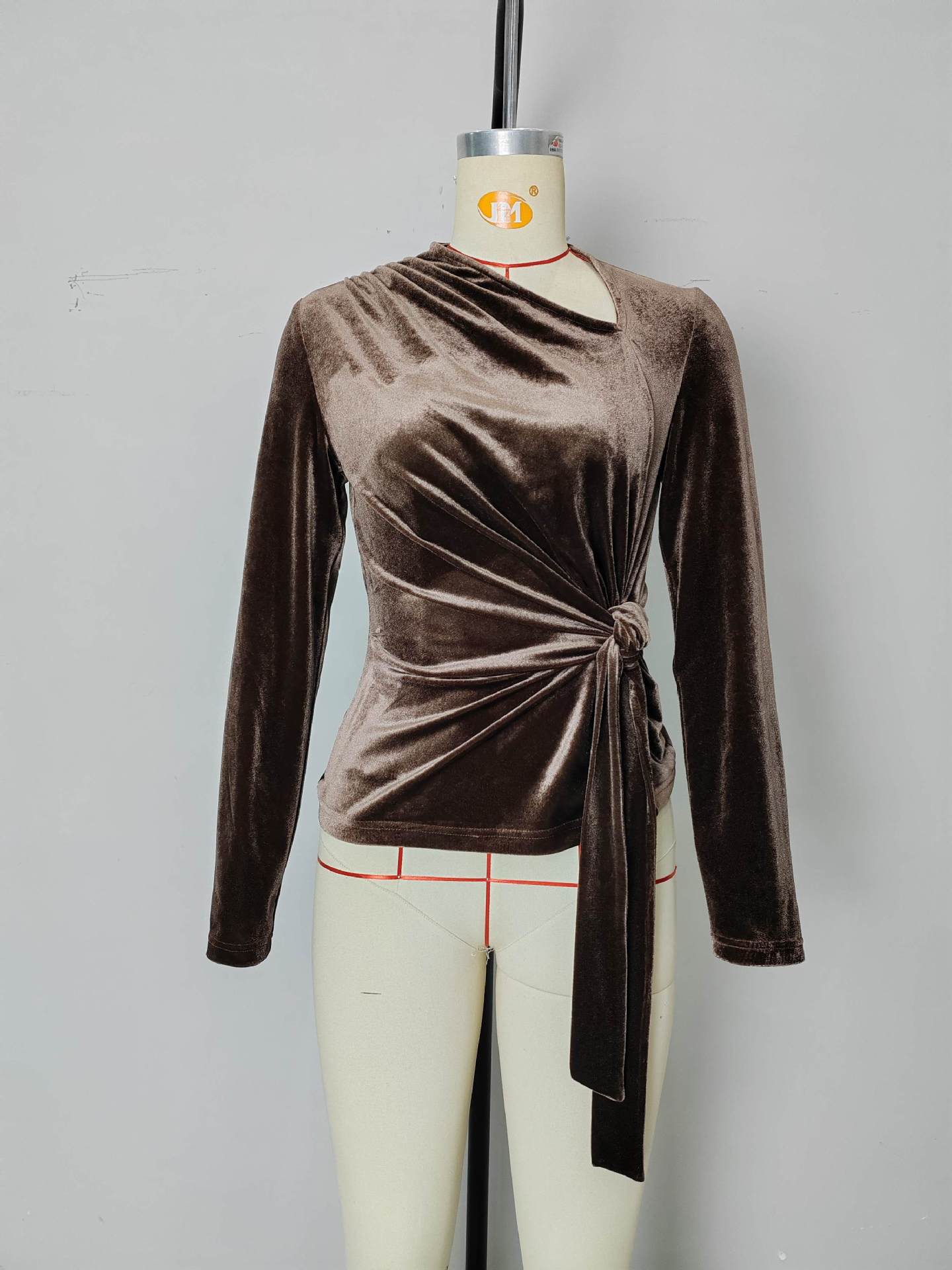 Slim-Fit Velvet Wrap Top with Asymmetrical Neckline