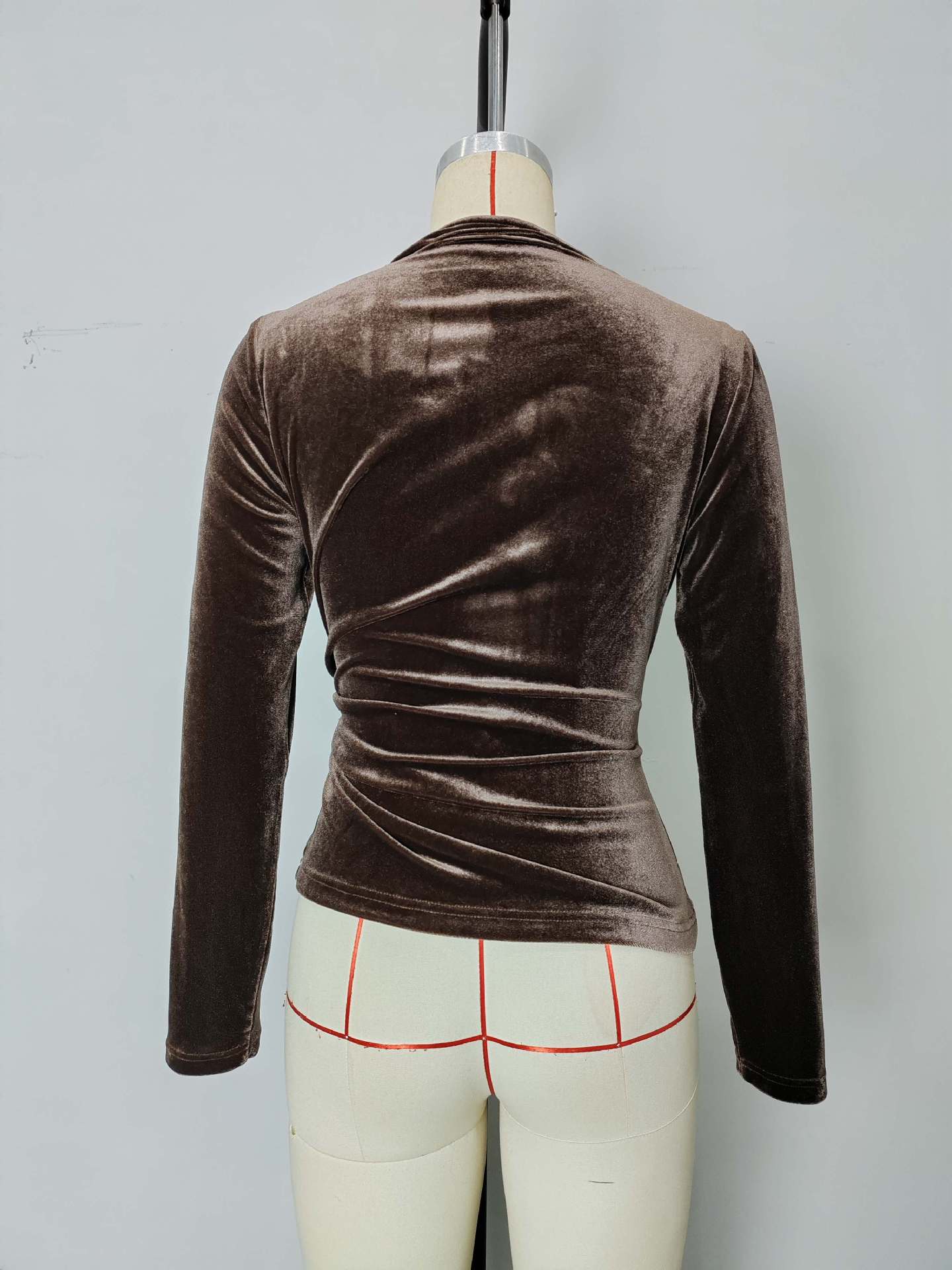 Slim-Fit Velvet Wrap Top with Asymmetrical Neckline